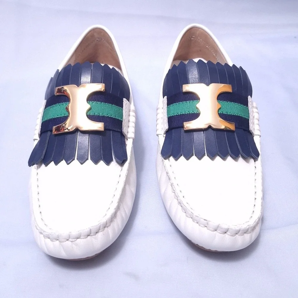 Tory Burch Gemini Link Driver Leather Loafers White Navy Fringe‎ Shoes Sz 6 NIB